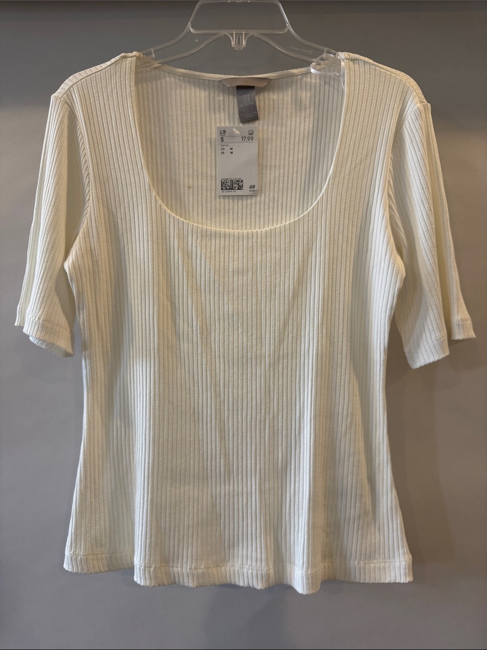 H&M Ribbed Scoop Neck Short Sleeve Top - Ivory/Cream